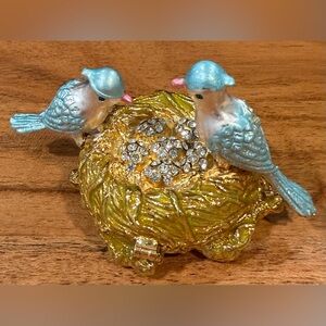 Birds nest trinket box with bejeweled birds and eggs